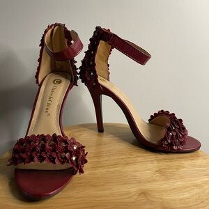 Romantic Floral Ankle Strap Maroon Summer Heels Women’s 7